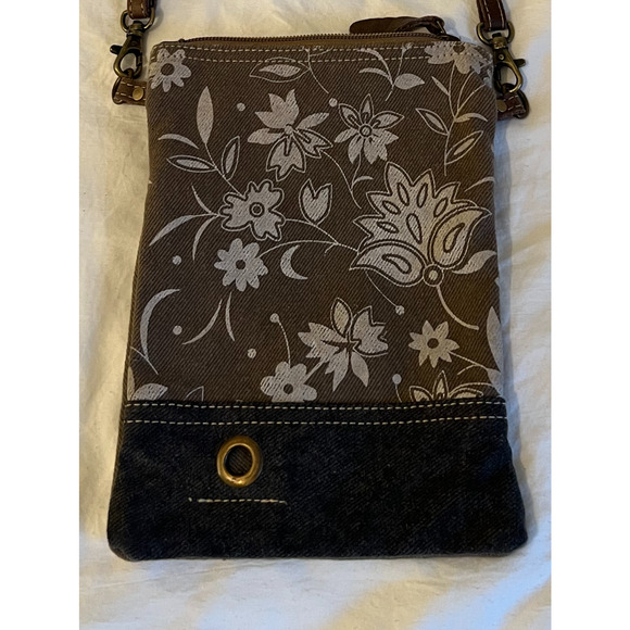 Myra Bag Crossbody Purse Brown Floral Canvas Zip Close Pocket Adjustable Strap - Picture 2 of 10